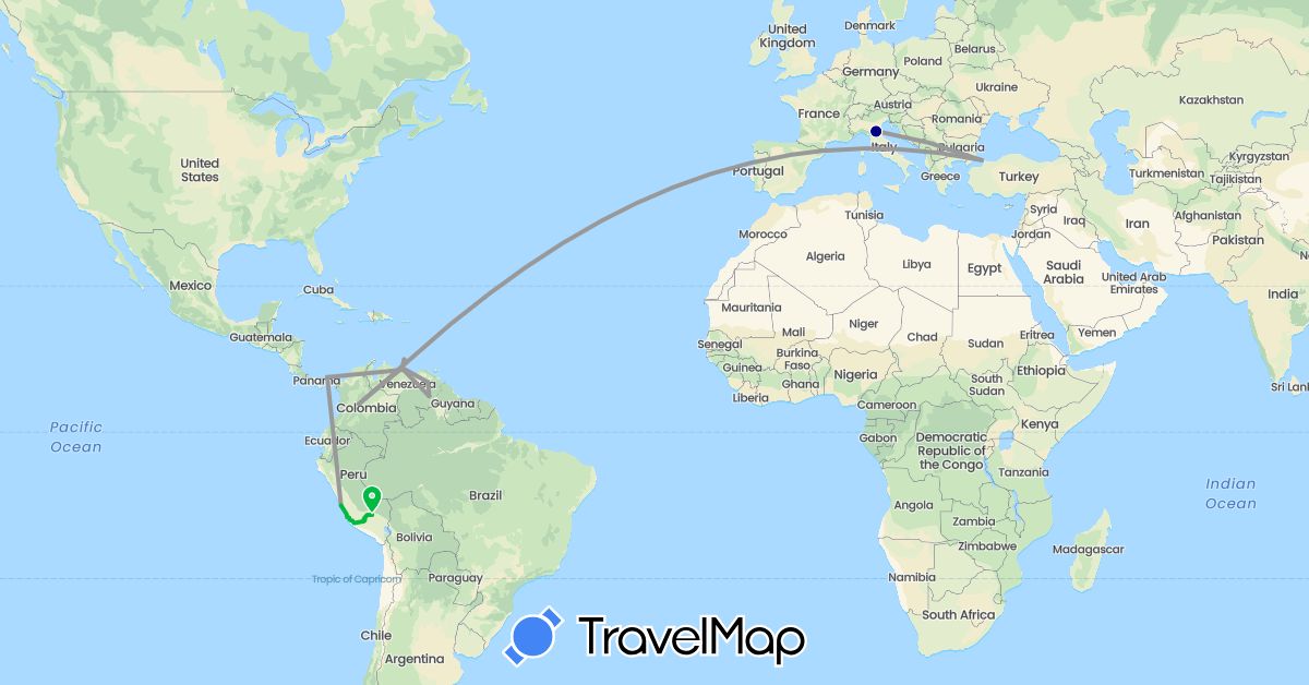 TravelMap itinerary: driving, bus, plane, boat in Colombia, Italy, Panama, Peru, Turkey, Venezuela (Asia, Europe, North America, South America)